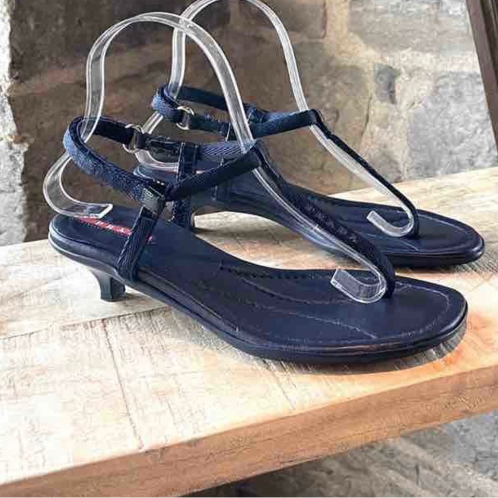 Prada Linea Rossa Kitten Heel Navy Thong Sandals Size 6, Made In Italy
